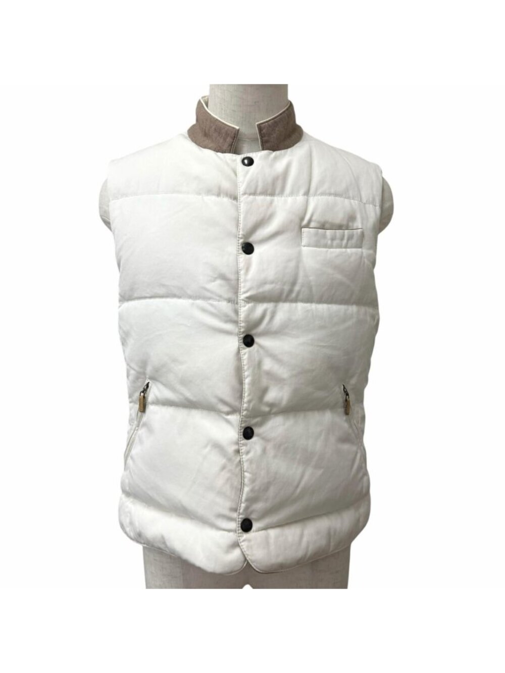 Brunello Cucinelli Wool Cotton Snap Button Down Vest Gilet White Brown 48